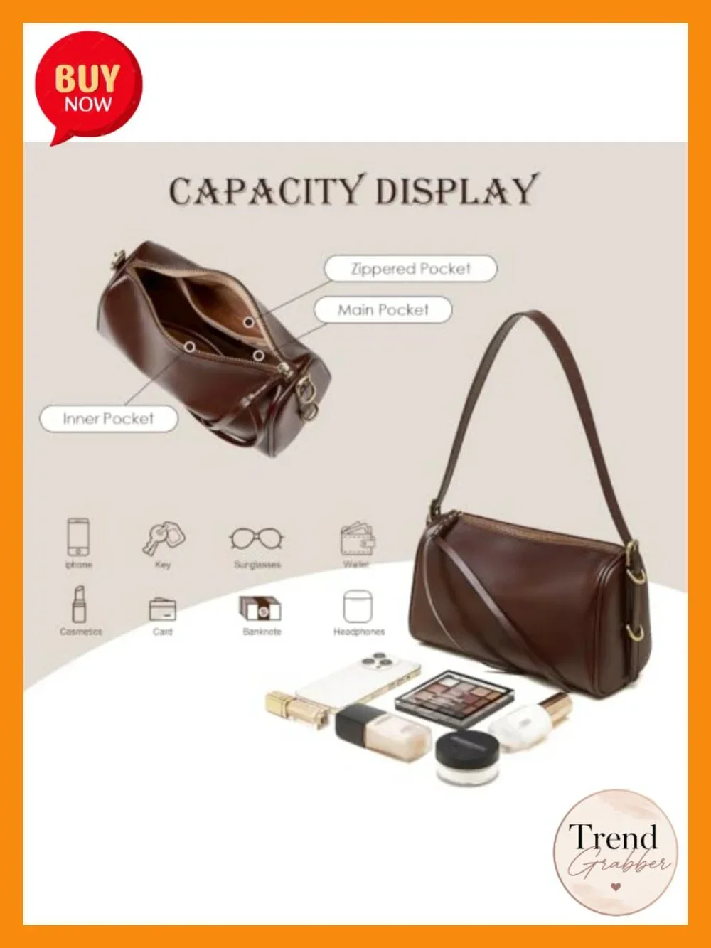 Genuine Leather Hobo Crossbody Shoulder Bag with Adjustable Strap, Zip Closure